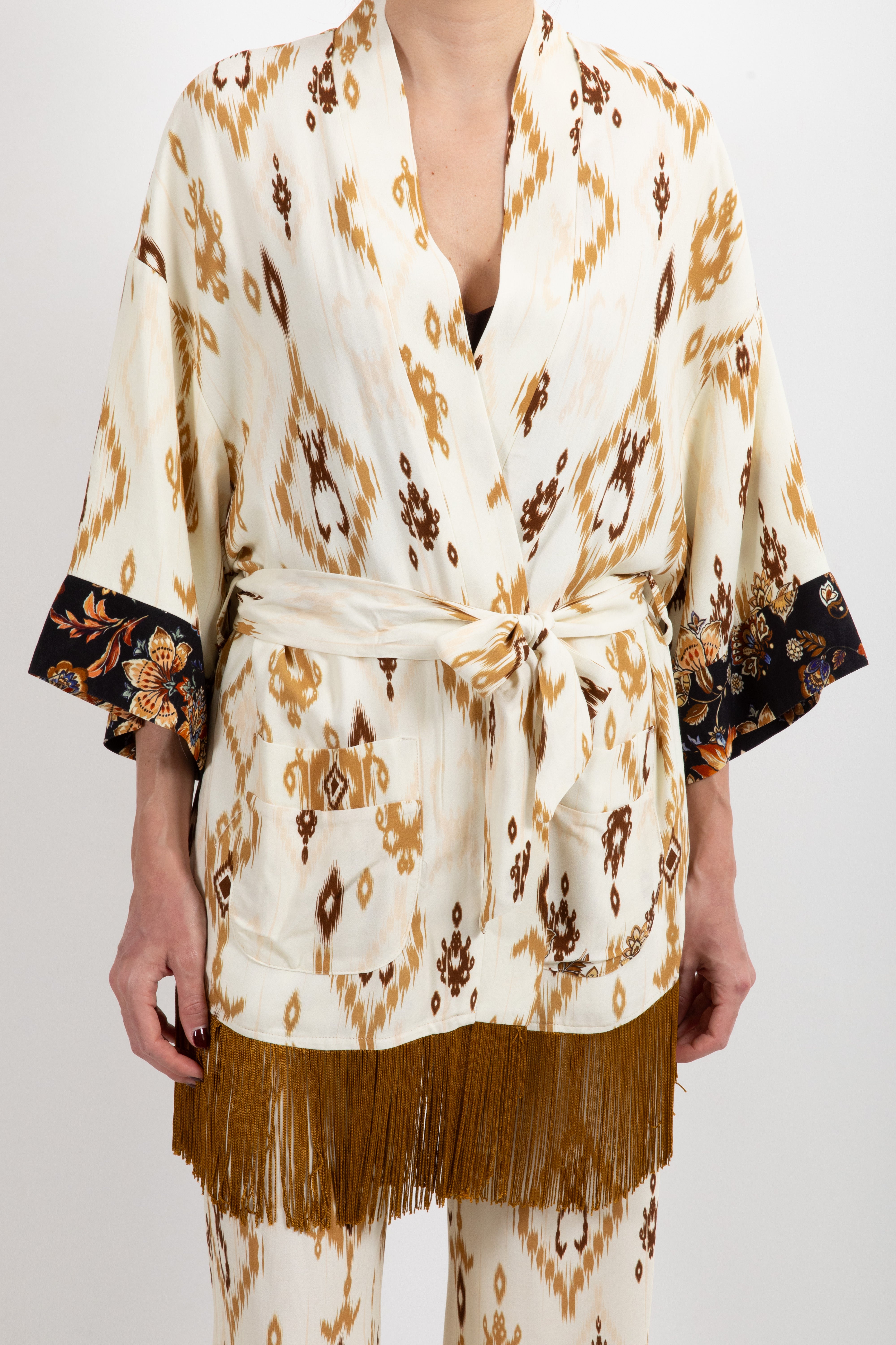 Kimono con frange fantasia ikat Dixie