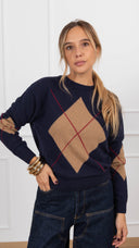 Maglia girocollo maxi rombo variante blu/camel/rosso Tensione IN