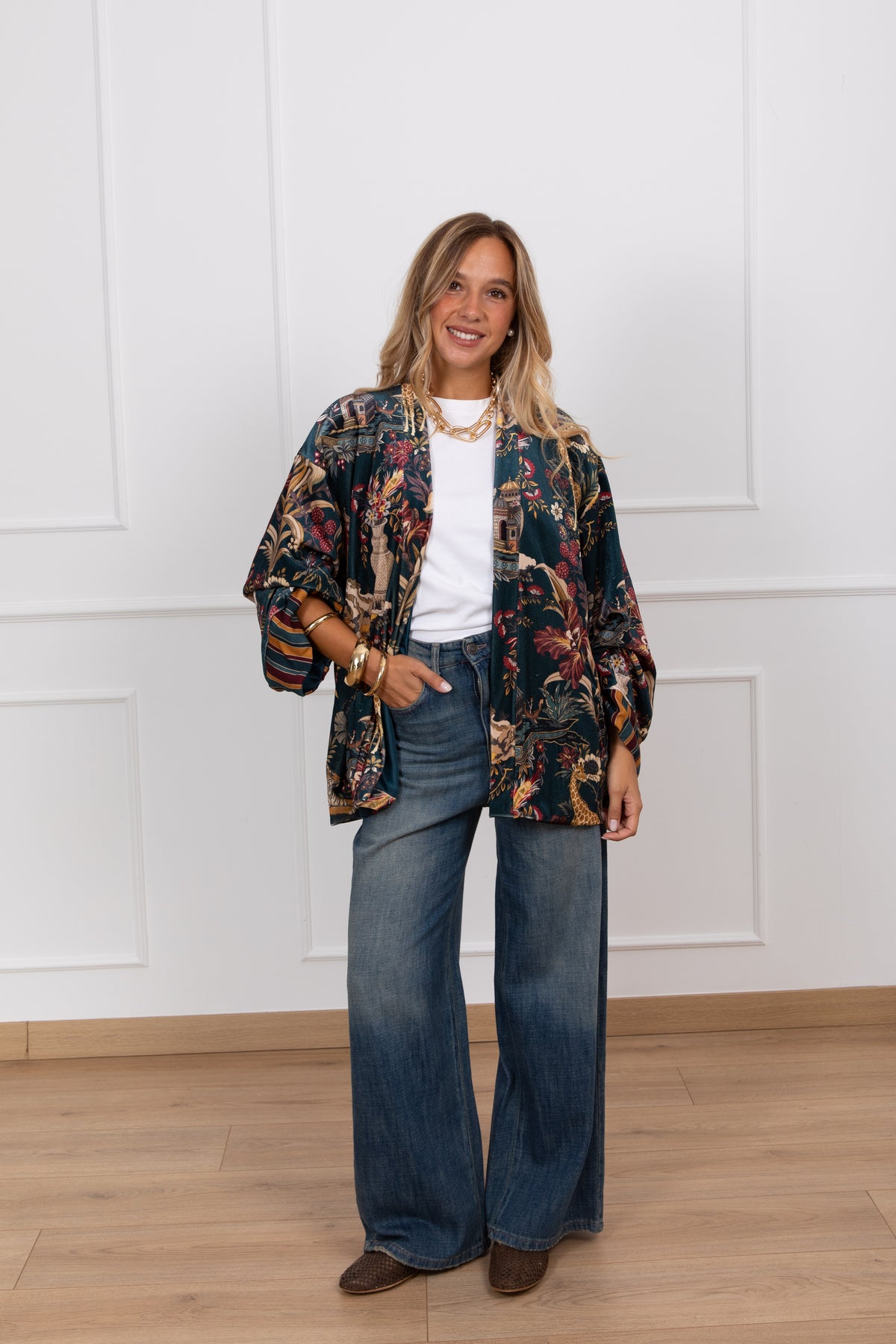Kimono foderato in ciniglia fantasia "Nomad" petrolio Haveone