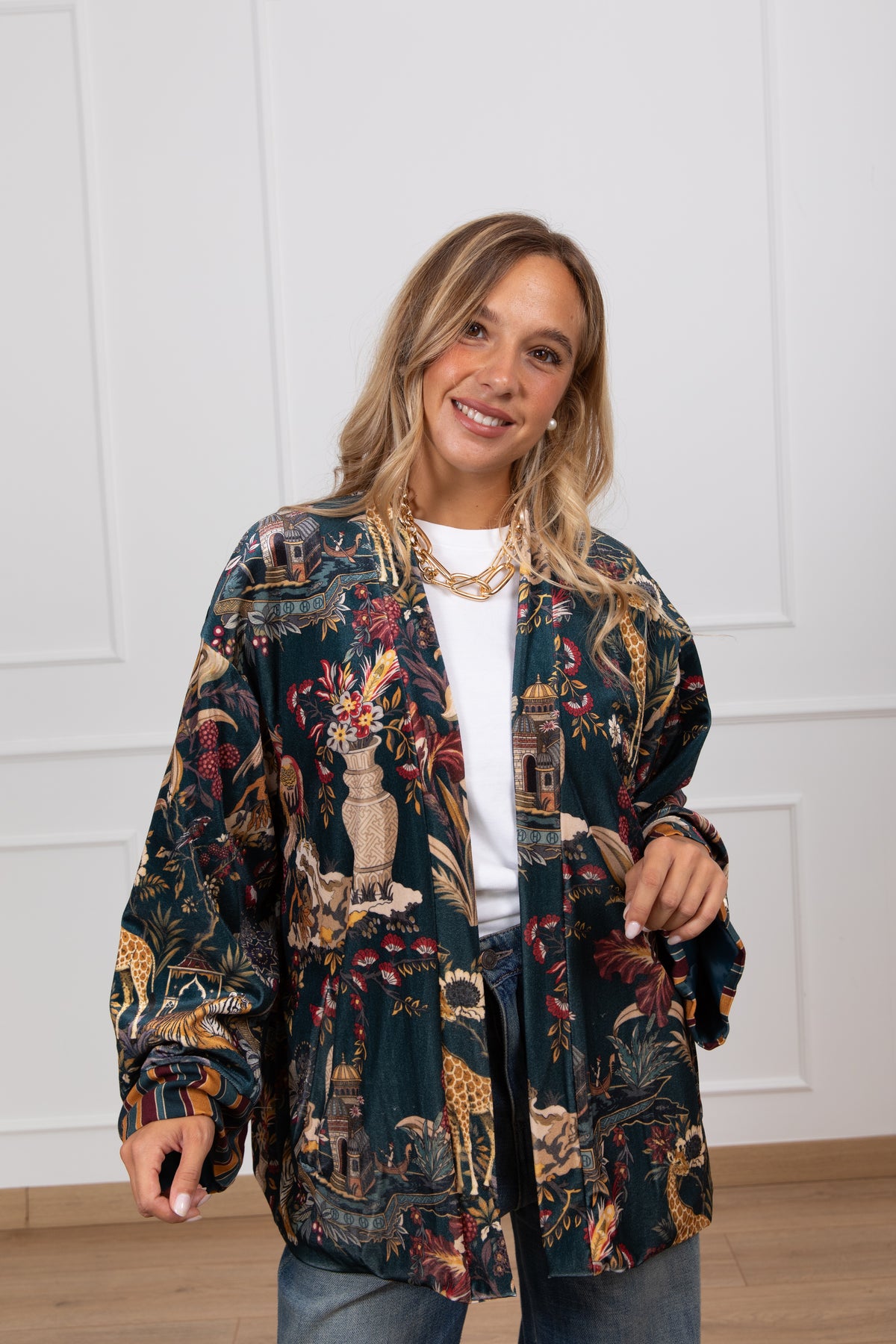 Kimono foderato in ciniglia fantasia "Nomad" petrolio Haveone