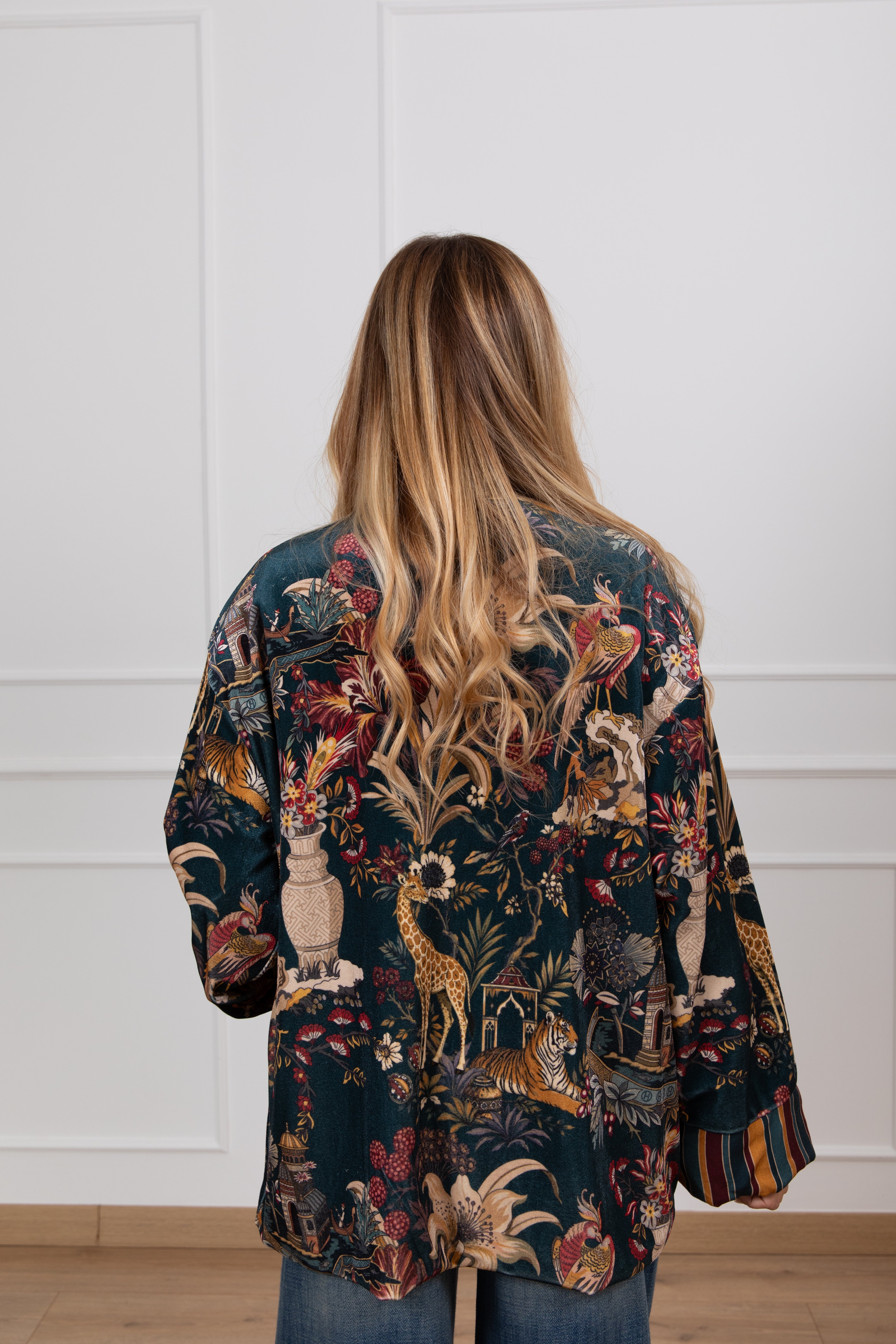 Kimono foderato in ciniglia fantasia "Nomad" petrolio Haveone