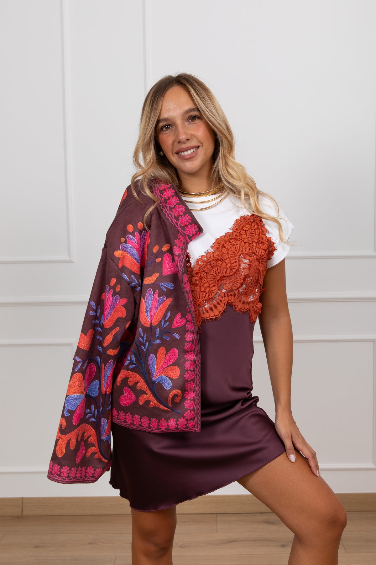 Abito lingerie bi-color in raso variante bordeaux Susy Mix