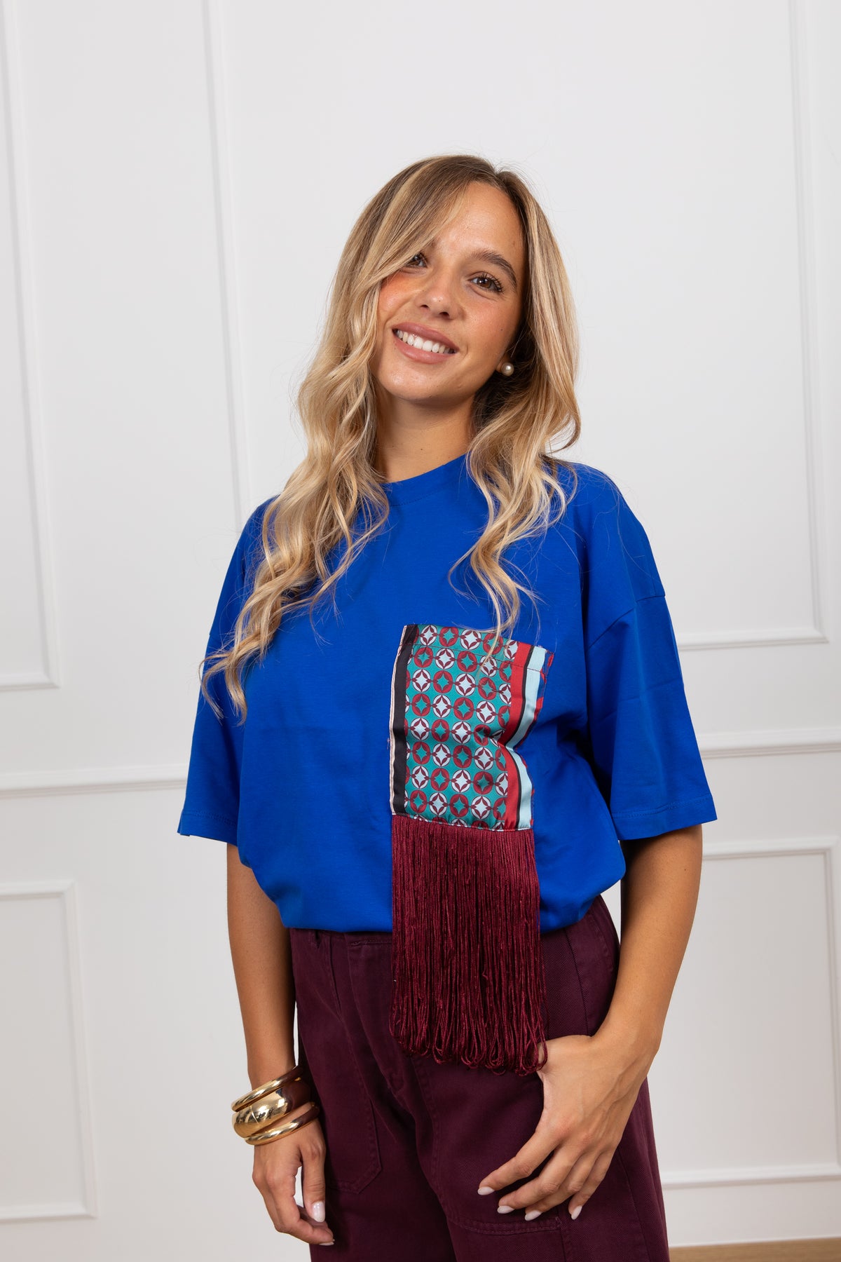 T-shirt tasca fantasia con inserto frange Susy Mix