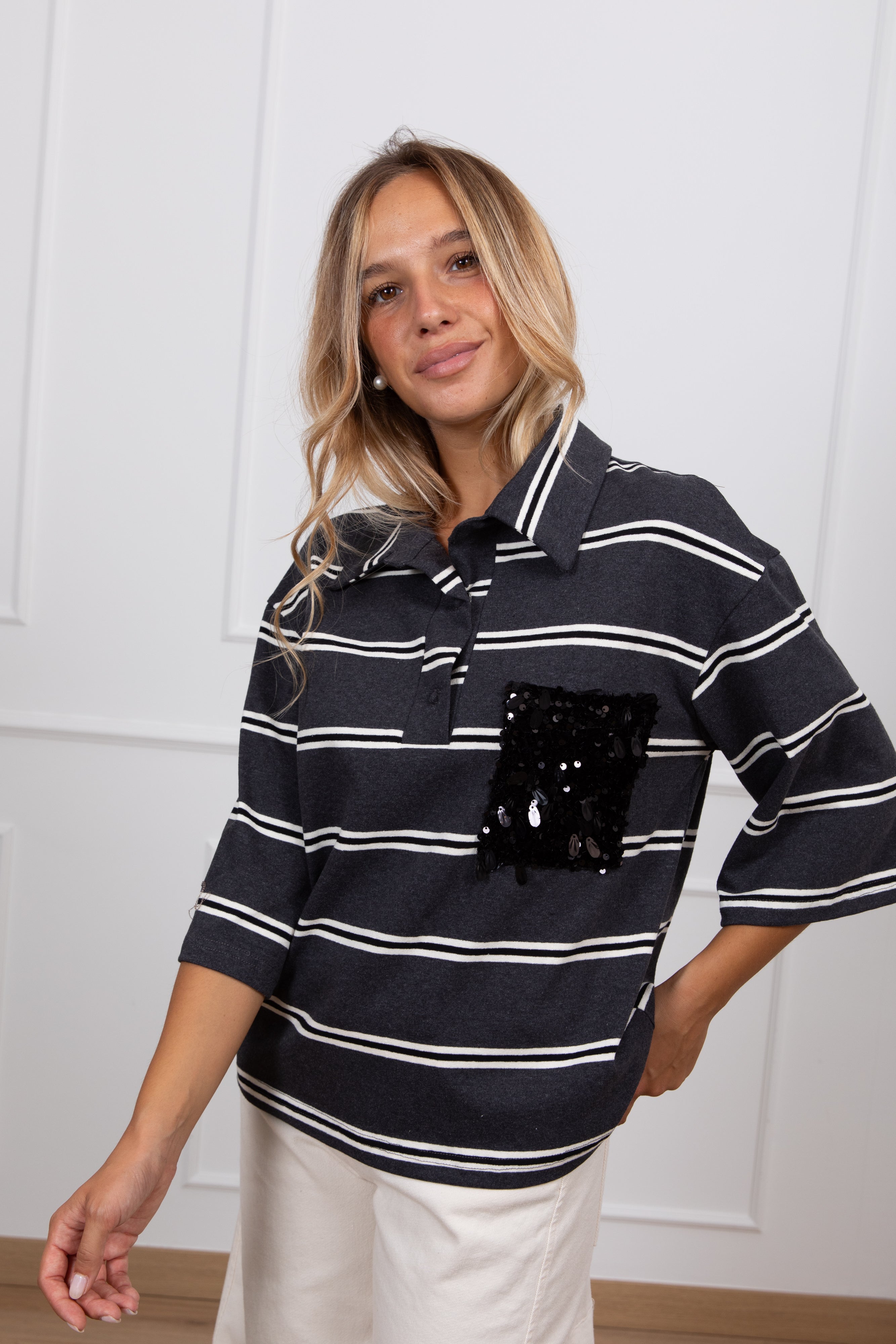 Polo manica 3/4 a righe con tasca paillettes variante grigio Susy Mix