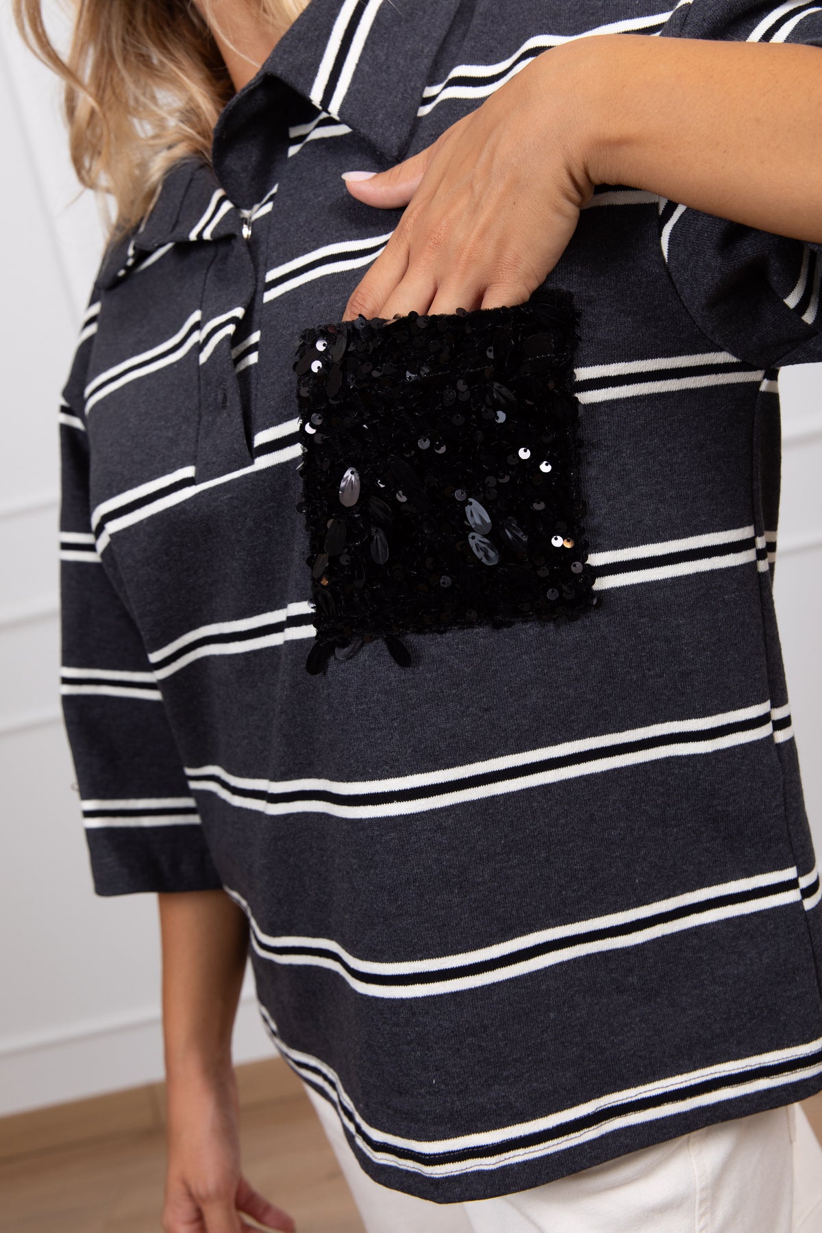 Polo manica 3/4 a righe con tasca paillettes variante grigio Susy Mix