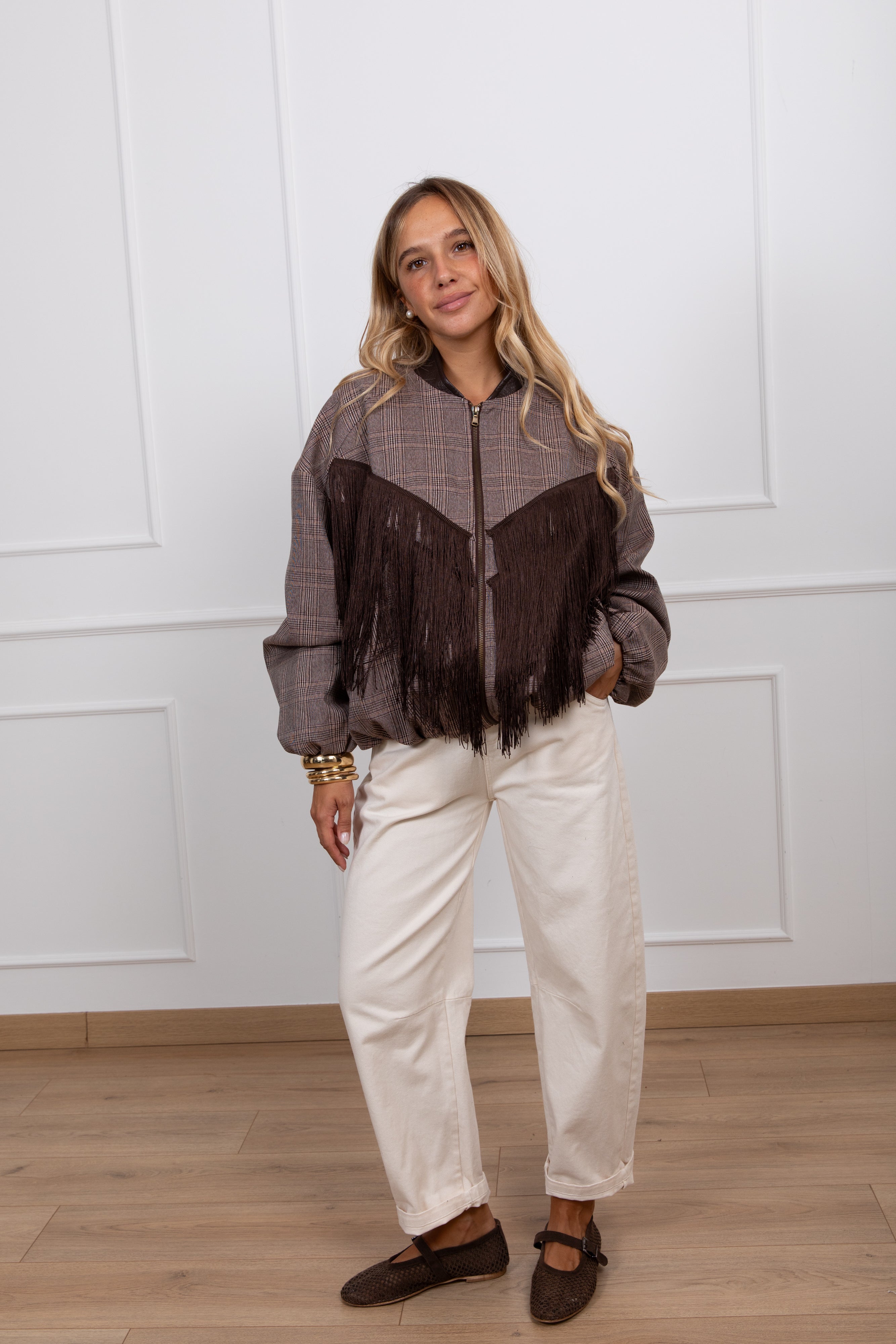 Bomber check con inserto frange e colletto in eco-pelle ViCOLO