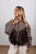 Bomber check con inserto frange e colletto in eco-pelle ViCOLO