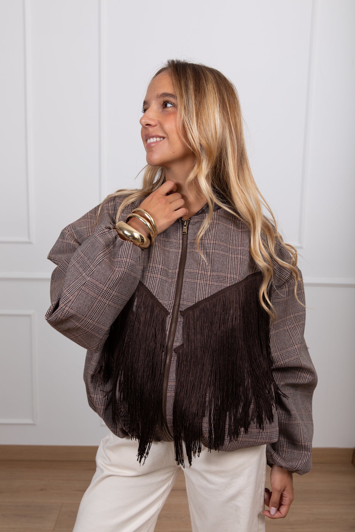 Bomber check con inserto frange e colletto in eco-pelle ViCOLO