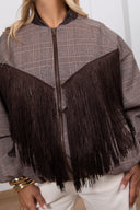Bomber check con inserto frange e colletto in eco-pelle ViCOLO
