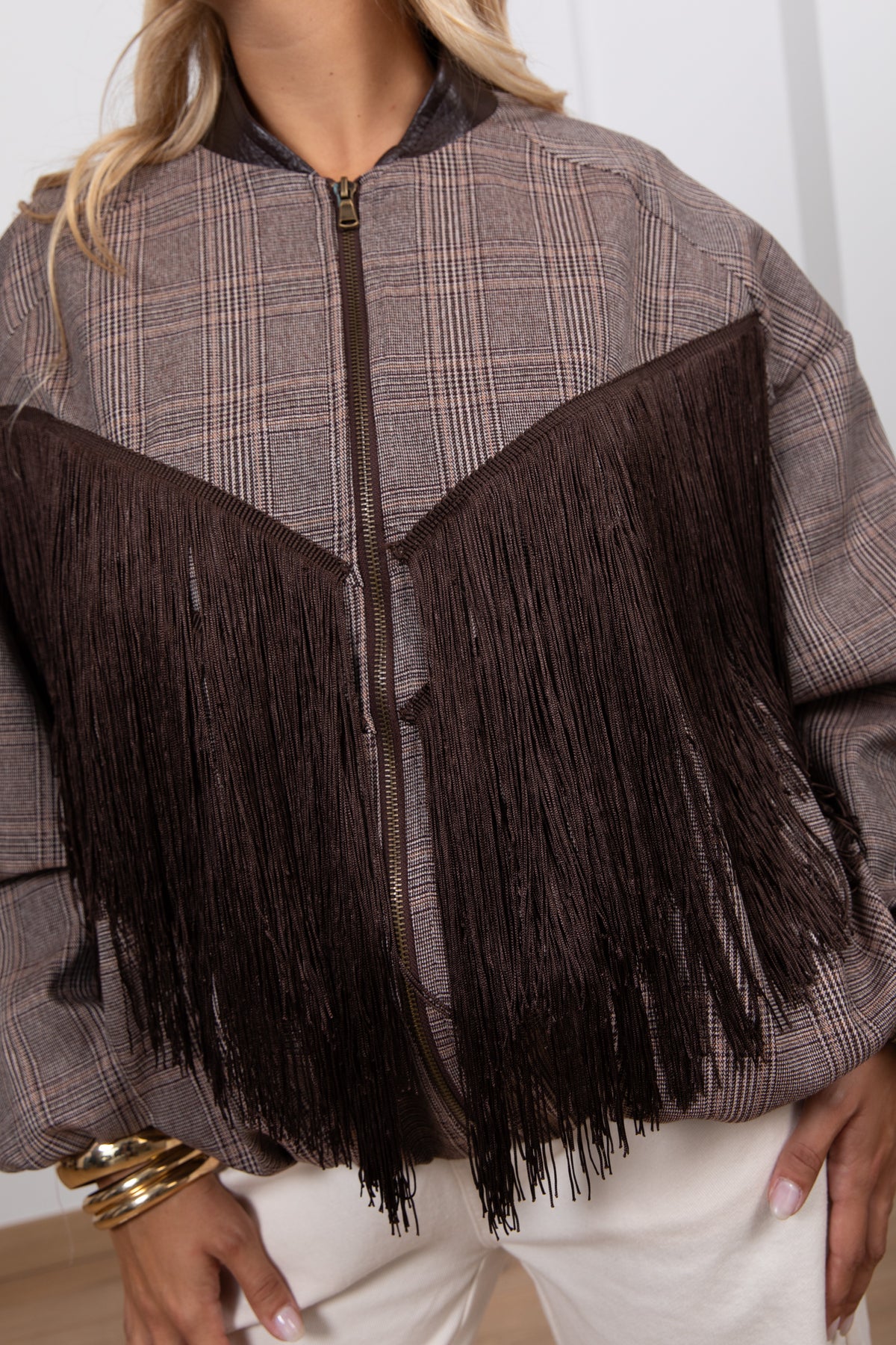 Bomber check con inserto frange e colletto in eco-pelle ViCOLO