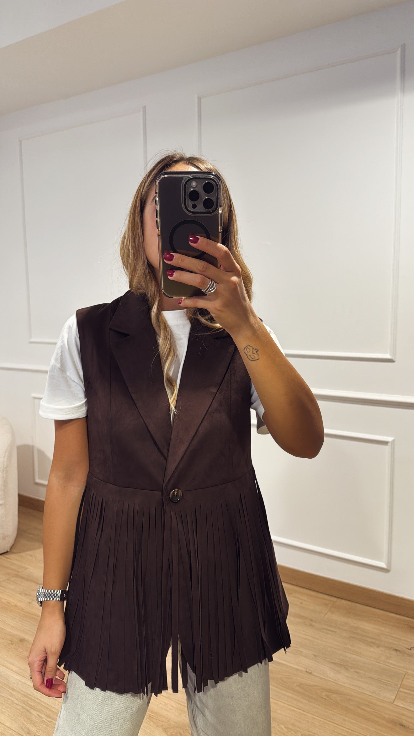 Gilet in eco-camoscio con frange e tasche Susy Mix