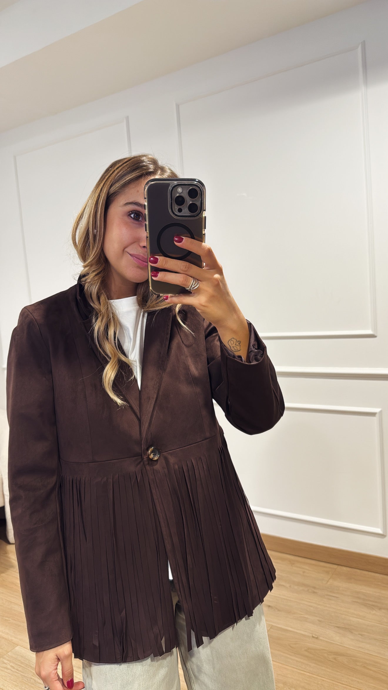 Giacca in eco-camoscio con frange e tasche Susy Mix